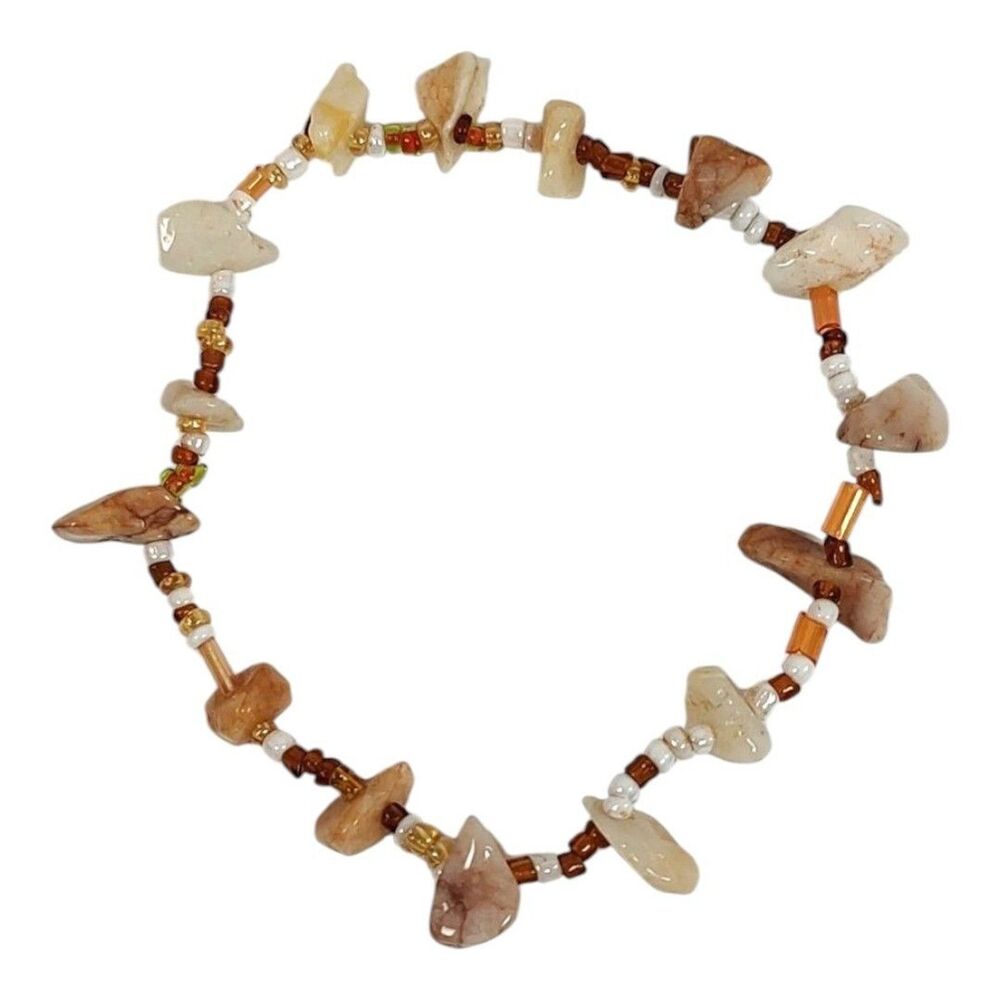 Multicolor Natural Stone Plastic & Glass Beaded Stretch Cord Bracelet 7" Brown